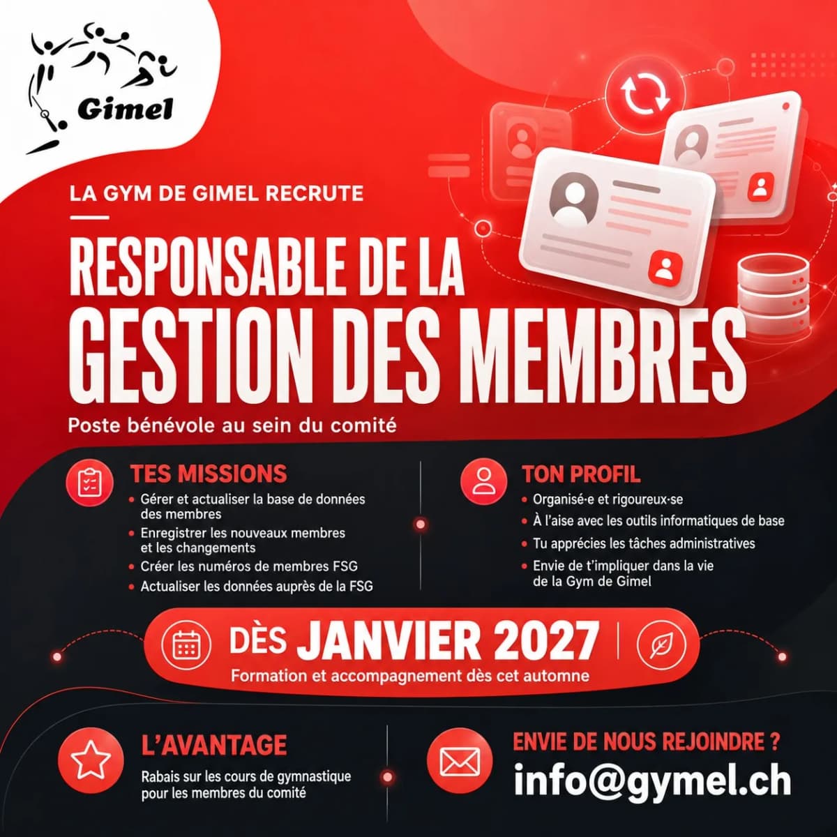 Annonce pour le poste bénévole de responsable de la gestion des membres à la Gym de Gimel.