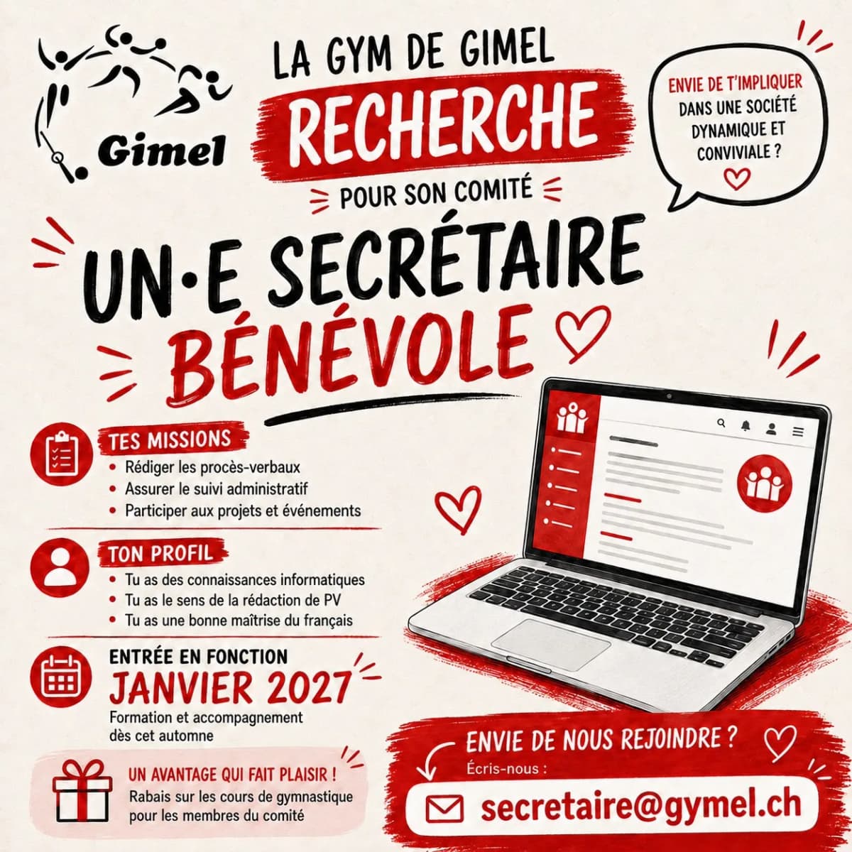 Annonce pour le poste bénévole de secrétaire au comité de la Gym de Gimel.